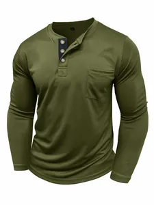 Close-up detail showing the olive green fabric texture and pocket of men's long sleeve T-shirt