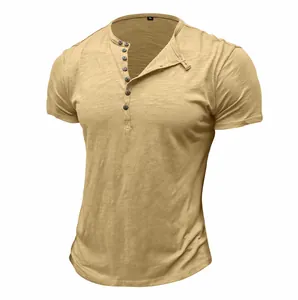 Detailed view of men's khaki slub cotton Henley T-shirt with multiple buttons on collar