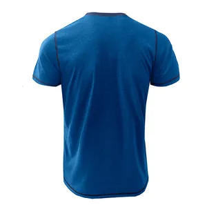 Back view of a casual blue short-sleeved T-shirt with contrast stitching details