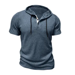 Detailed view of a navy blue textured short-sleeved hooded Henley t-shirt for men
