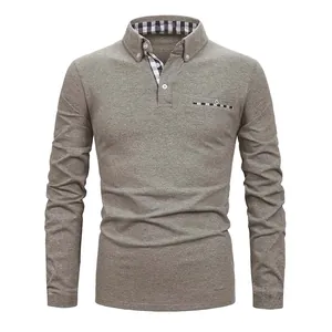 Long-sleeved gray men's polo shirt with stylish plaid collar and pocket details