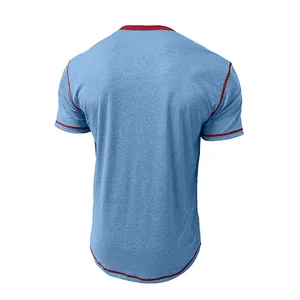 Back view of a men's breathable light blue T-shirt with red contrast stitching details