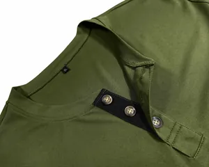 Close-up detail of olive green men's Henley shirt showing textured fabric and buttons