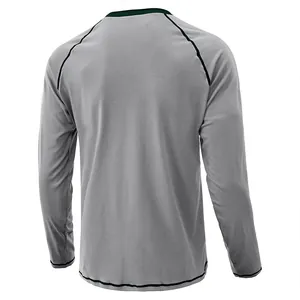 Back view detail of men's gray long sleeve t-shirt with raglan sleeve design