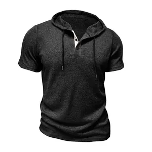 Close-up of men's hooded short sleeve Henley shirt with charcoal heathered fabric texture.