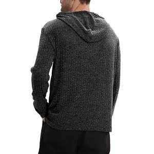 Back view of a casual men's long-sleeved hooded ribbed knit t-shirt in charcoal grey