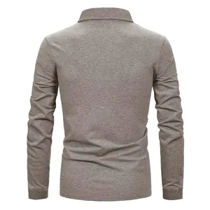 Detailed back view of a men's business casual long-sleeve polo shirt in heather brown color