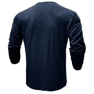 Rear view detail of a navy blue long-sleeve slub cotton Henley T-shirt for men