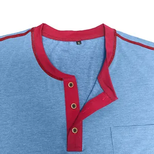 Detail of men's Henley t-shirt featuring contrast red trim and XL size tag.