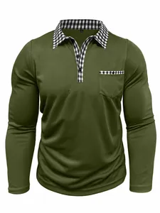 Polo à manches longues vert olive pour homme avec col et poche à carreaux en détail