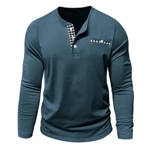 Close-up detail of a blue men's long-sleeve Henley shirt with stylish plaid pattern trim