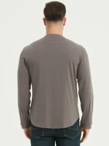 Detailed back view of a men's long-sleeve casual cotton Henley t-shirt in taupe color.