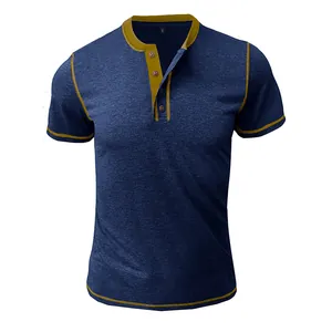 Detailed front view of men's navy blue short sleeve Henley shirt with yellow trim