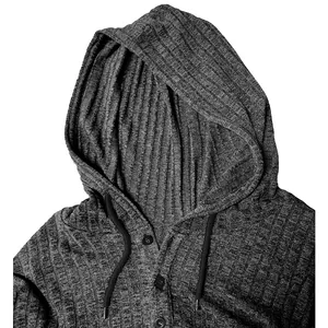 Detail view of a men's dark grey ribbed hooded T-shirt with functional buttons and cords.