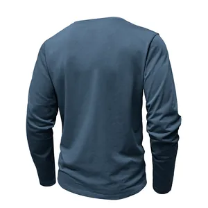 Back view of a blue men's long-sleeve T-shirt with high-quality soft cotton texture