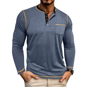 Men's long-sleeve Henley T-shirt with contrast stitching and four-button detail