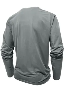 Back view of men's grey long-sleeved round neck T-shirt with soft fabric texture