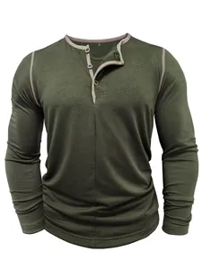 Detailed view of an olive green long-sleeved Henley shirt with a buttoned collar.