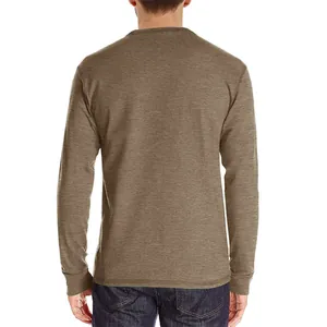 Back view of a men's brown slim fit long sleeve t-shirt in soft heathered cotton fabric
