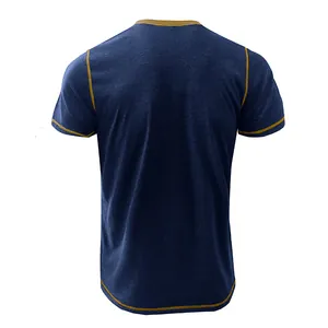 Detailed back view of a blue short-sleeved T-shirt featuring contrast yellow stitching