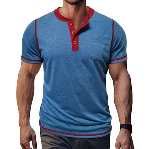 Detailed view of men's blue Henley t-shirt with red contrast trim and chest pocket