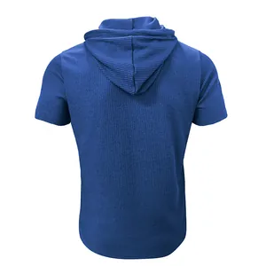 Back view of men's blue hooded short-sleeve t-shirt with ribbed textured fabric