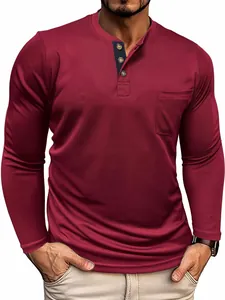 Macro view of men's burgundy long sleeve Henley T-shirt featuring a chest pocket detail