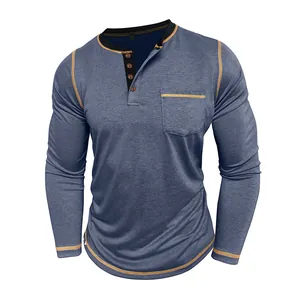 Detail of men's blue long sleeve Henley shirt with 4-button placket and contrast stitching