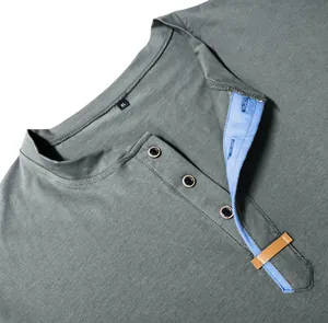 Close-up of men's Henley shirt collar with blue contrast placket and XL size tag