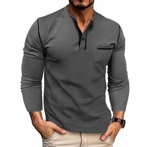 Maglia Henley grigia a maniche lunghe da uomo con trama piqué e taschino sul petto