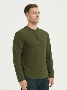 Detail shot of a men's olive green long sleeve Henley shirt with a button placket