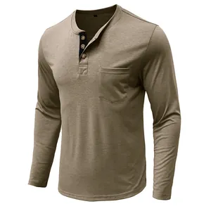 Detailed front view of men's slim fit khaki long sleeve Henley shirt with pocket
