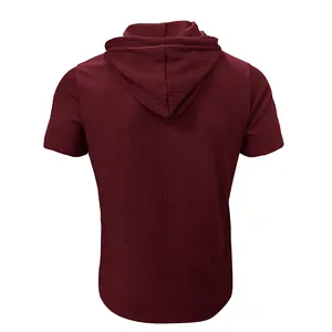 Back view of a burgundy men's hooded short-sleeved t-shirt with ribbed texture detail