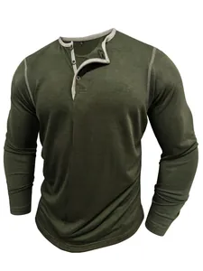 Close-up detail of army green long-sleeve Henley shirt with a buttoned collar