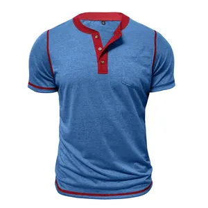 Front view of men's blue Henley T-shirt with red contrast trim and pocket