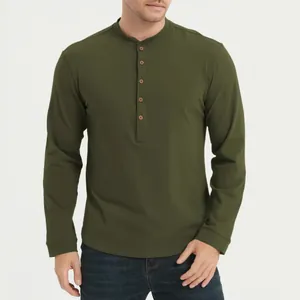 Detailed view of a premium olive green long-sleeved Henley shirt for men with buttons.
