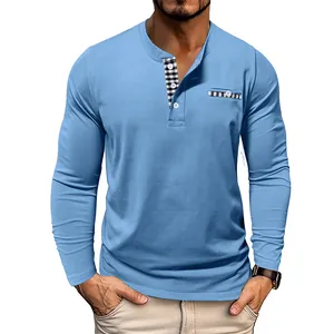 Close-up of men's blue Henley shirt with black and white checkered collar detail