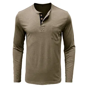 Detailed view of men's slim fit cotton long-sleeve Henley shirt with pocket