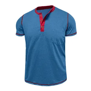 Blue men's short-sleeve Henley shirt with contrasting red trim and stylish chest pocket