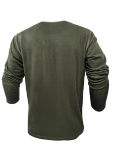 Detailed back view of army green men's long sleeve thermal shirt with classic round neck.
