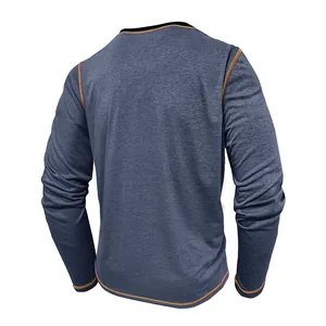 Back view of a blue heather men's long-sleeve T-shirt with orange contrast stitching
