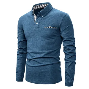 Detail view of men's long-sleeve polo shirt with stylish plaid collar and pocket trim