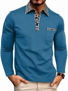 Polo manches longues coupe ajustée bleu sarcelle avec col et poche poitrine à carreaux