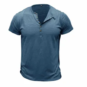 Close-up front view of a blue slub cotton Henley T-shirt featuring natural wooden buttons