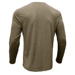 Back view of a slim fit men's long-sleeve cotton T-shirt in olive brown color