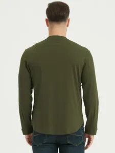 Back view of a casual premium olive green long-sleeve cotton Henley t-shirt for men.