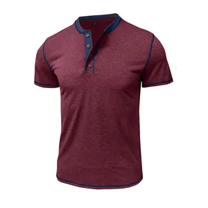 Detailed view of maroon summer short-sleeved Henley shirt with navy contrast trim