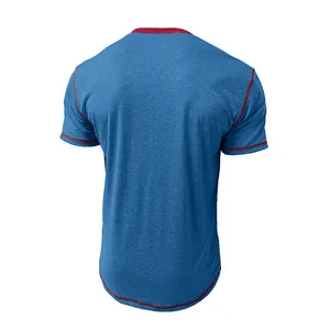 Detailed back view of blue men's breathable t-shirt with stylish red contrast stitching.