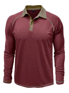 Polo à manches longues pour homme bordeaux évacuant l'humidité avec col vert olive.