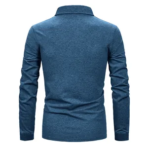 Back view of men's long sleeve polo shirt in heathered blue fabric with turn-down collar